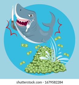 Shark On Pile Money Bills. Loan concept. illustration vector cartoon