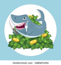 Shark On Pile Money Bills, illustration vector cartoon