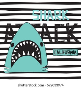 shark on striped background, shark attack, T-shirt graphics for kids vector illustration