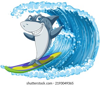 Shark on surfboard with ocean wave illustration