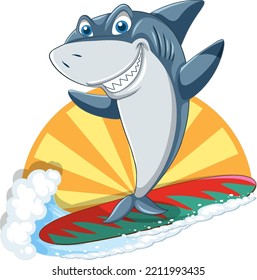 Shark on surfboard with ocean wave illustration