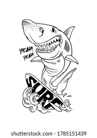 Shark on a Surfboard, Surf Shark t-shirt print design, vector illustration. Smiling Shark Cartoon Mascot Character