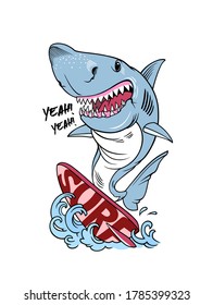 Shark on a Surfboard, Surf Shark t-shirt print design, vector illustration. Smiling Shark Cartoon Mascot Character