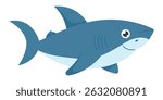 Shark on white background. Cartoon design for posters, kids rooms, educational materials or branding