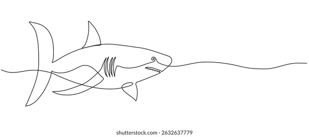 Shark one line art. Banner with copy space. Editable stroke hand drawn design. Continuous Outline drawing with ocean animal fish for poster card.