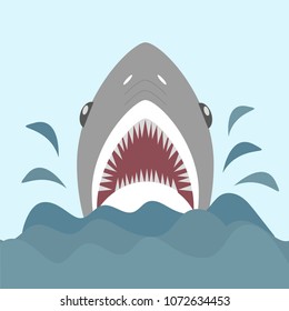 Shark with open jaws and sharp teeth. Vector illustration in flat cartoon style.