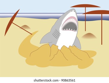 shark  with open mouth  is coming out to the beach