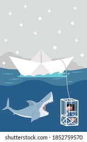 Shark open mouth with girl diving equipment Inside a Cage