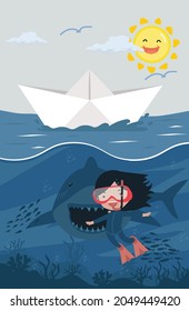 Shark open mouth with girl diving equipment under sea