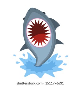 Shark with open mouth jumps out of the water. Isolation of shark with jaws on a white background. Flat vector illustration.