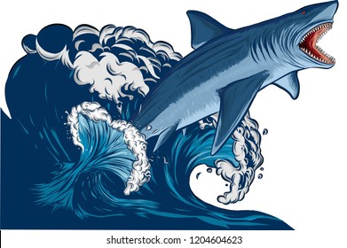 Shark with open mouth in the sea. Flat vector illustration