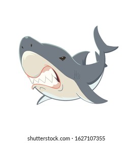Shark with open mouth and sharp teeth. Vector illustration on white background.