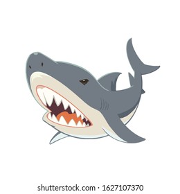Shark with open mouth and sharp teeth. Vector illustration on white background.