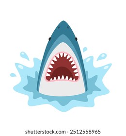 Shark with open mouth with sharp teeth. Face predatory fish above the water. Mascot flat logo. Vector cartoon icon. Marine life.