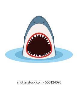 Shark with open mouth and sharp teeth, jump out of water. Danger concept. Vector illustration in flat style isolated on white background