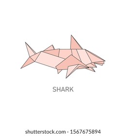 Shark origami figure in geometric flat outline style, vector illustration isolated on white background. Polygonal design of shark fish animal, icon in style of japanese art of folding paper