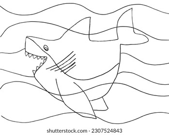 Shark outline illustration image. 
Hand drawn image artwork of shark. 
Simple cute original logo.
Hand drawn vector illustration for posters, cards, t-shirts.