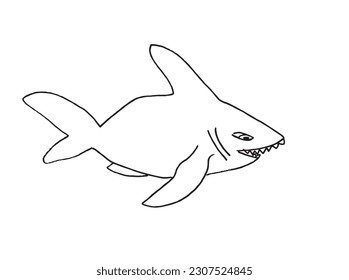 Shark outline illustration image. 
Hand drawn image artwork of shark. 
Simple cute original logo.
Hand drawn vector illustration for posters, cards, t-shirts.