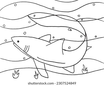 Shark outline illustration image. 
Hand drawn image artwork of shark. 
Simple cute original logo.
Hand drawn vector illustration for posters, cards, t-shirts.