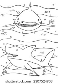 Shark outline illustration image. 
Hand drawn image artwork of shark. 
Simple cute original logo.
Hand drawn vector illustration for posters, cards, t-shirts.