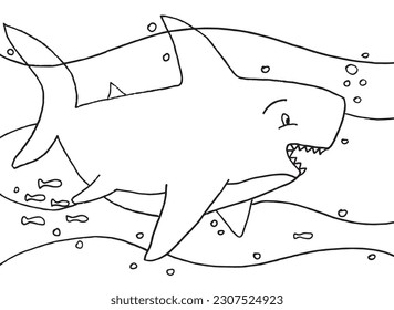 Shark outline illustration image. 
Hand drawn image artwork of shark. 
Simple cute original logo.
Hand drawn vector illustration for posters, cards, t-shirts.