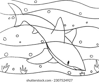Shark outline illustration image. 
Hand drawn image artwork of shark. 
Simple cute original logo.
Hand drawn vector illustration for posters, cards, t-shirts.