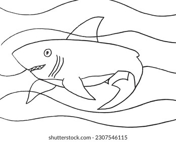 Shark outline illustration image. 
Hand drawn image artwork of shark. 
Simple cute original logo.
Hand drawn vector illustration for posters, cards, t-shirts.