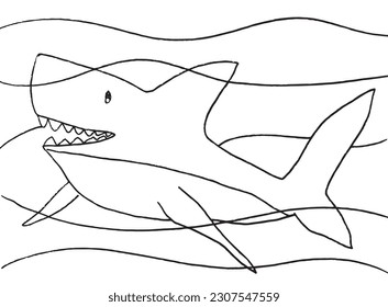 Shark outline illustration image. 
Hand drawn image artwork of shark. 
Simple cute original logo.
Hand drawn vector illustration for posters, cards, t-shirts.