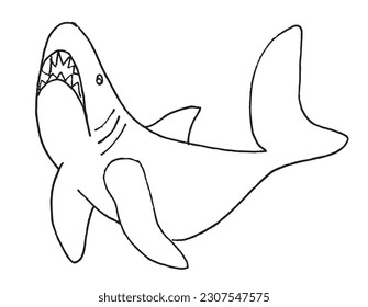 Shark outline illustration image. 
Hand drawn image artwork of shark. 
Simple cute original logo.
Hand drawn vector illustration for posters, cards, t-shirts.