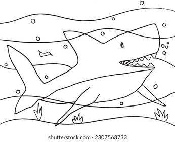 Shark outline illustration image. 
Hand drawn image artwork of shark. 
Simple cute original logo.
Hand drawn vector illustration for posters, cards, t-shirts.