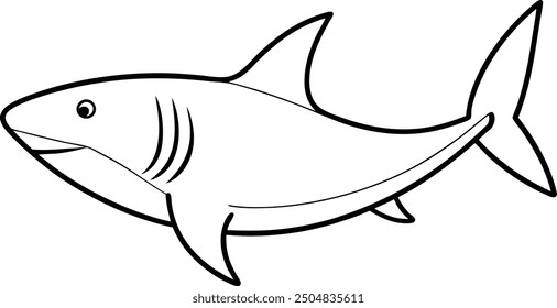 A shark outline or line art illustration, depicted in mid-swim with its dorsal fin visible, drawn with sharp, streamlined lines on a white background.