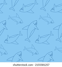 Shark outline on blue, cute design with sea animals shark, seamless pattern for textile design and wrapping paper