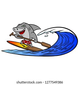 Shark Paddleboarding - A vector cartoon illustration of a Shark paddle boarding.