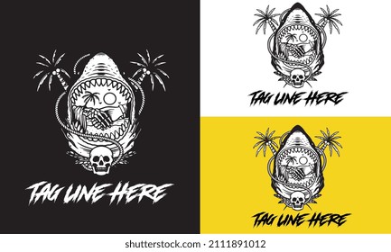 shark and palm and head skull vector black and white