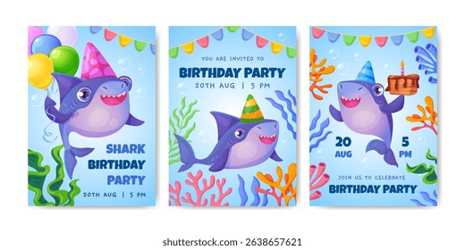 Shark party. Baby shark birthday invitation cards cartoon cute sharks family characters kids underwater sea fish seabed animal children invite design, swanky vector illustration original artwork