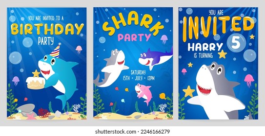 Shark party Birthday invitation card set. Cartoon Happy Birthday party invitations with cute sharks and under sea background