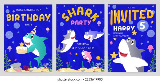 Shark party invitation set. Cartoon underwater background with cute sharks. Flat style Birthday party concept for  kids. Colorful design template for greeting card, poster. Vector illustration