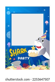 Shark party photo frame background. Undersea kids Birthday party poster template. Cute Cartoon vector illustration with shark holding a cake. Flat style selfie frame concept concept