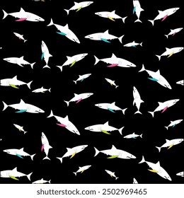 Shark pattern with neon colored fins on a black background to give it depth, for holiday seasons or various spring-summer applications.