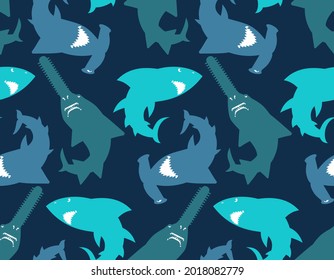Shark pattern seamless. Marine predator background. Hammerhead shark and Saw fish texture