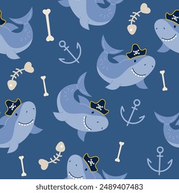 Shark pirate character seamless pattern in flat design 