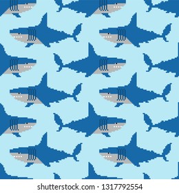 Shark pixel art pattern seamless. Marine predator 8 bit background. graphics old game texture