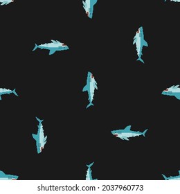 Shark pixel art pattern seamless. Sea predator 8bit background. Large predatory marine fish. vector texture