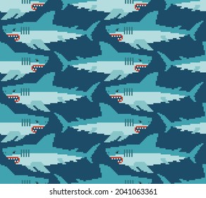 Shark pixel art pattern seamless. Sea predator 8bit background. Large predatory marine fish. vector texture