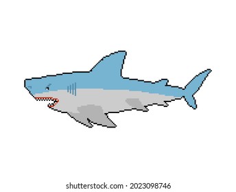 Shark pixel art. Sea predator 8bit. Large predatory marine fish. vector illustration