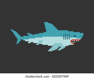 Shark pixel art. Sea predator 8bit. Large predatory marine fish. vector illustration
