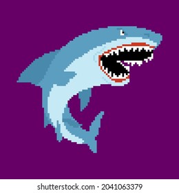 Shark pixel art. Sea predator 8bit. Large predatory marine fish. vector illustration