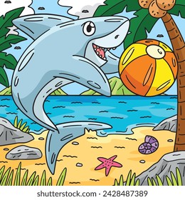 Shark Playing Beach Ball Colored Cartoon