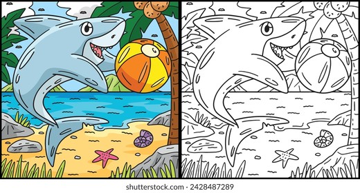 Shark Playing Beach Ball Coloring Illustration