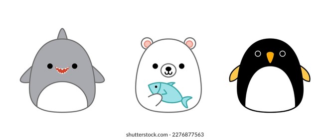 Tiburón, oso polar, pingüino. Squishmallow. Delicioso juguete de peluche suave. Almohada. Kawaii, caricatura. Ilustración vectorial aislada eps 10